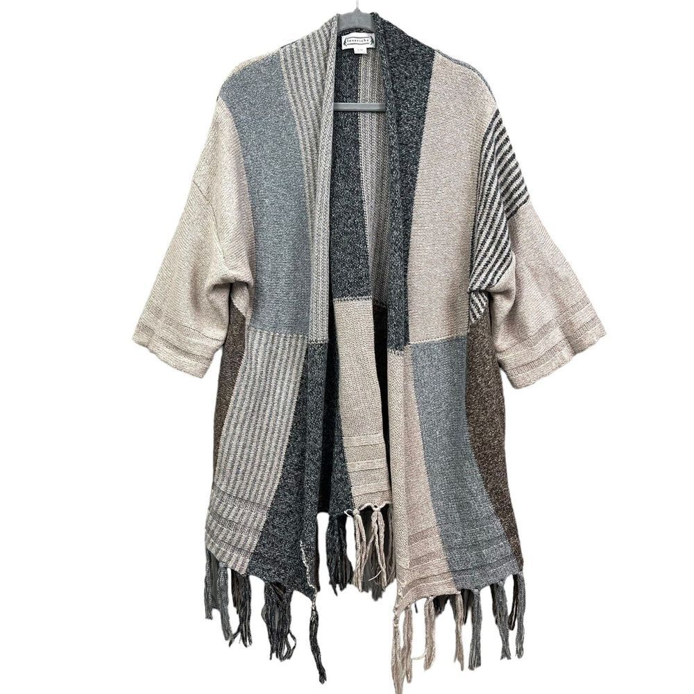 Loveriche Womens Draped Cardigan Sweater Oversize Open Front Fringe Hem Tan S/M*